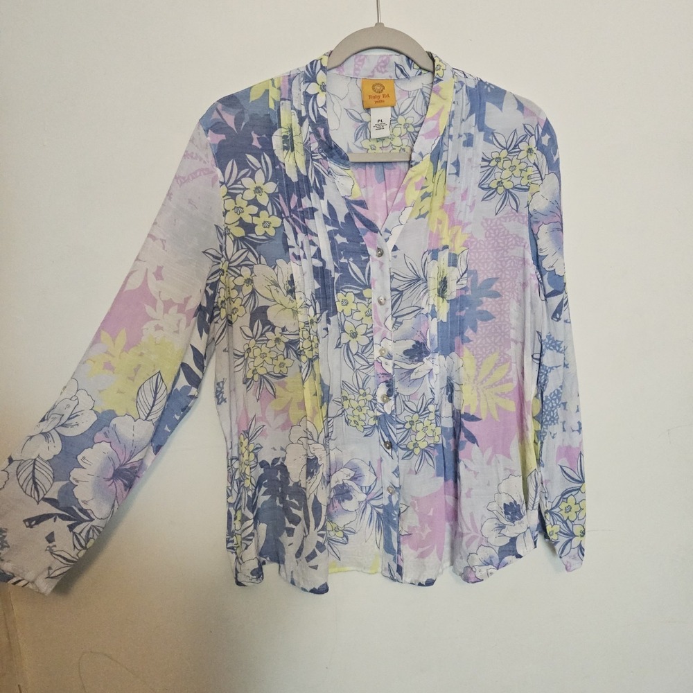 Pastel‎ Boho Women's Button Down Floral Pintuck Blouse Petite Large Rayon Blend
